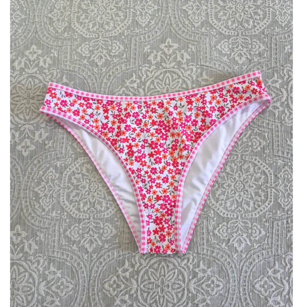 Zaful Womens Pink Floral Gingham Trim Bikini‎ Bottoms Size M High Cut Swimwear
